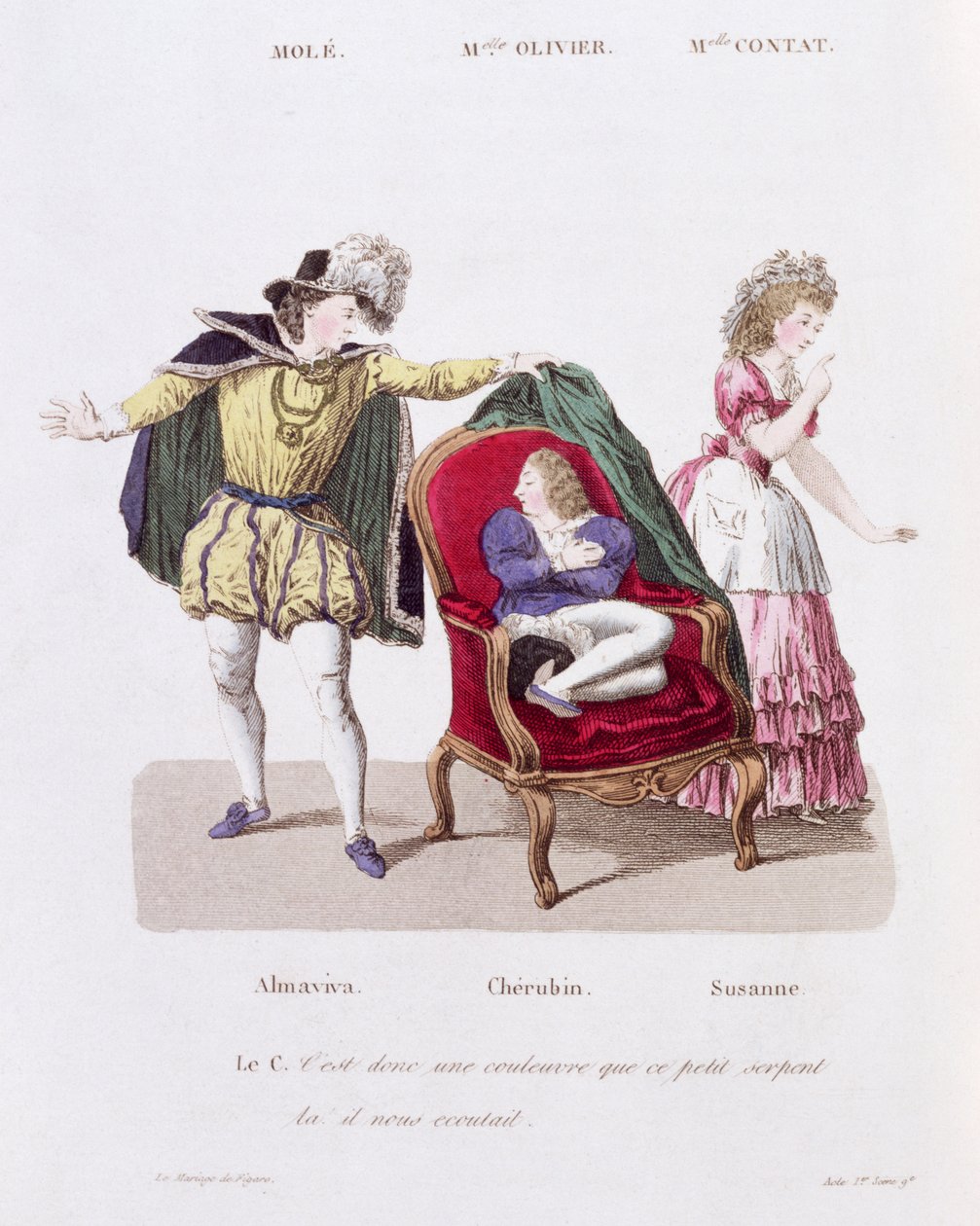 Greven upptäcker Cherubin, akt I scen 9 från Figaros bröllop av Pierre Augustin Caron de Beamarchais (1732-99) av French School