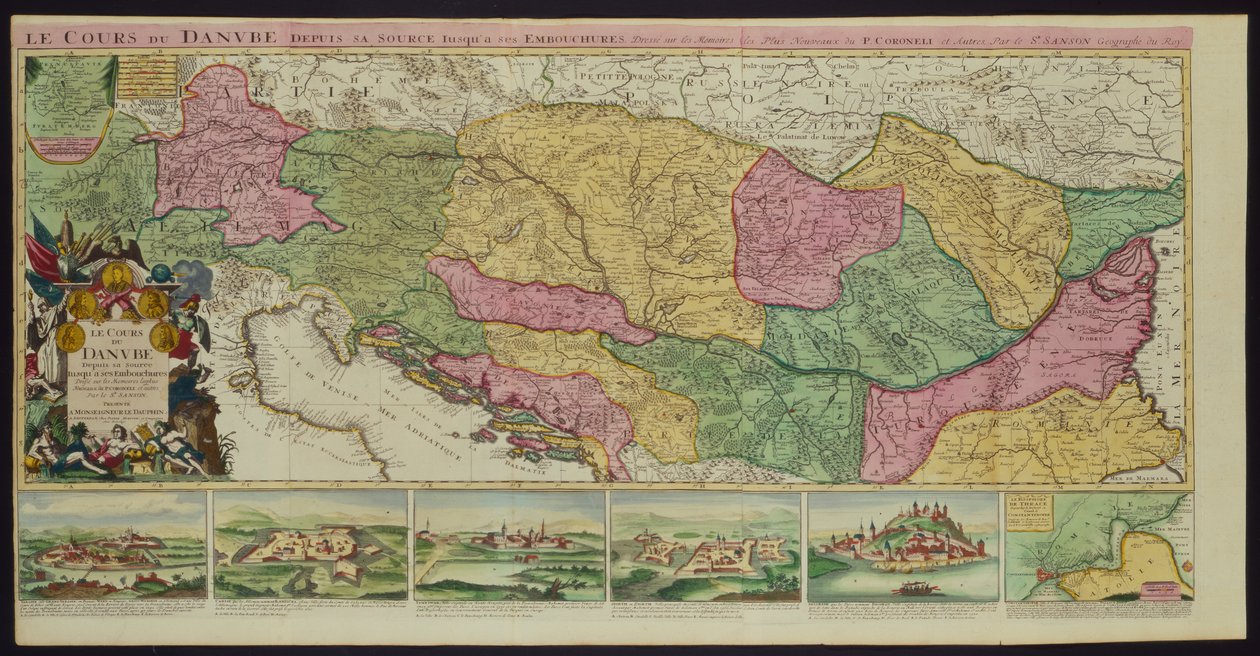 Donaus lopp från dess källa till munnen, baserad på de senaste minnena av P. Coroneli och S. Sanson, geograf till kungen (färg litho) av French School