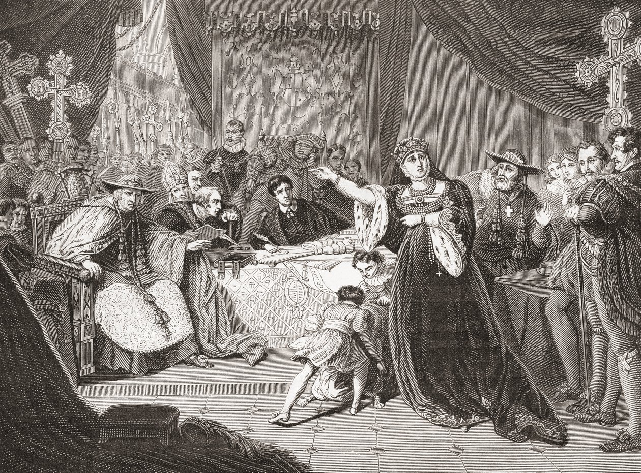 Court for the Trial of Queen Katharine av George Henry Harlow, avbildande Mrs. Siddons som drottning Katharine i Shakespeares Henry VIII. Från Histoire des Peintres, École Anglaise, publicerad 1867 (litho) av French School