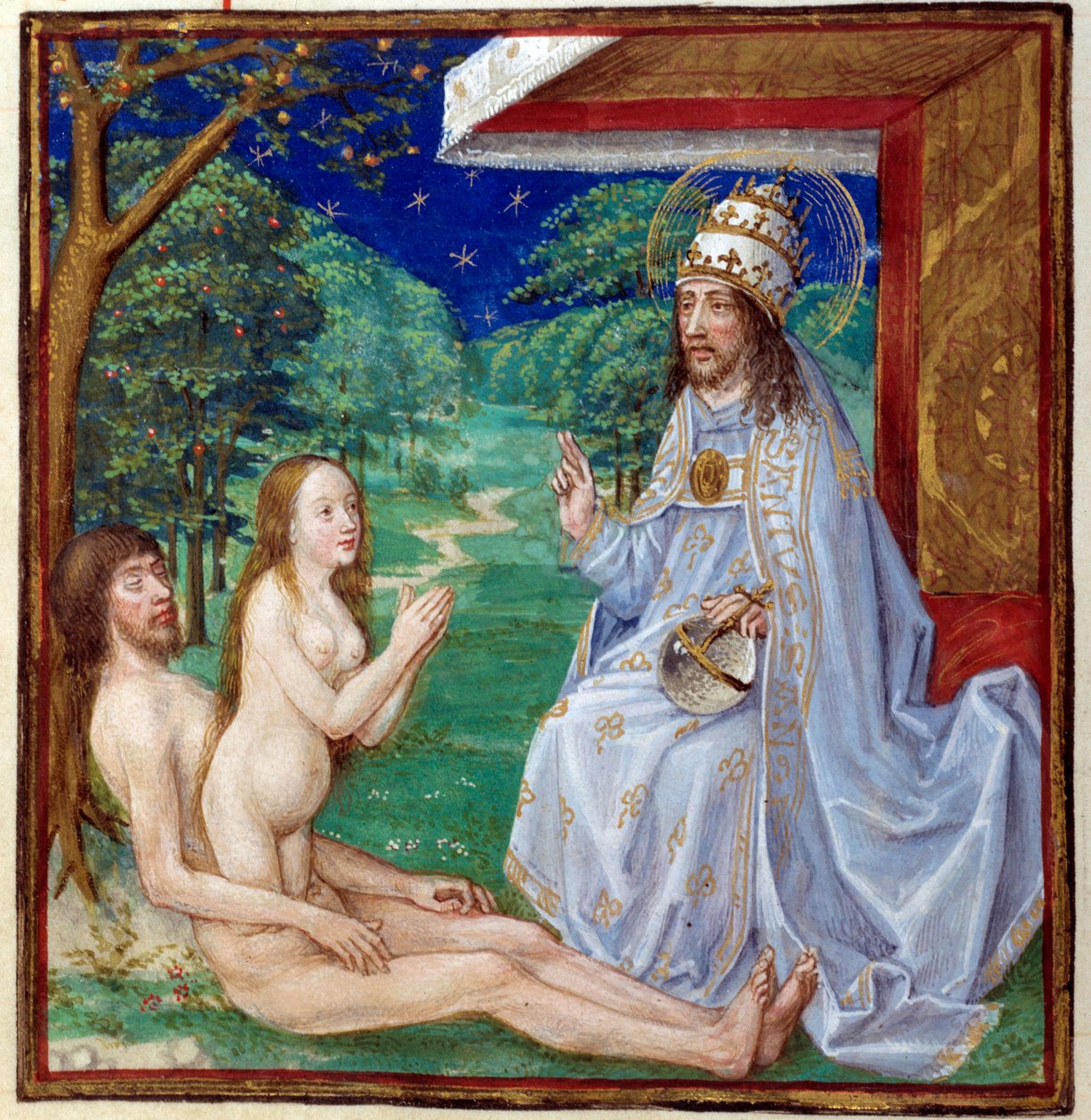 Evas skapelse från Adams kust i Edens lustgård. Miniatyr hämtad från "The mirror of the Human Salvation"" upplyst av den franska skolan på 1400-talet. Chantilly, Conde Museum av French School