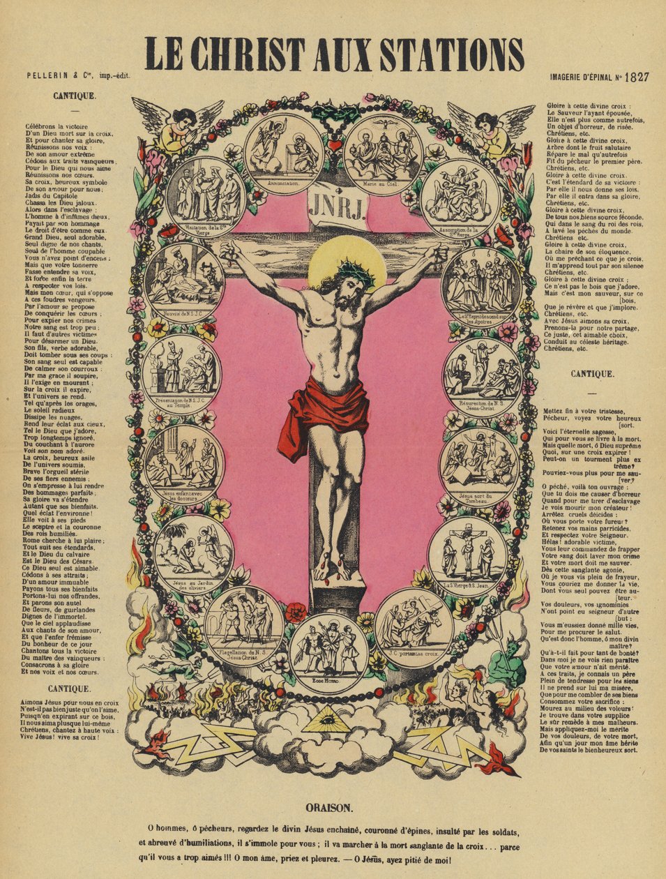Jesu korsfästelse och korsvägarna (färglitografi) av French School