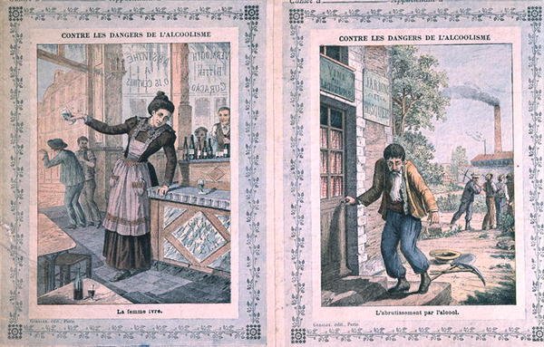 Farorna med alkoholism, omslag till en skolbok. c.1900 (lito i färg) av French School