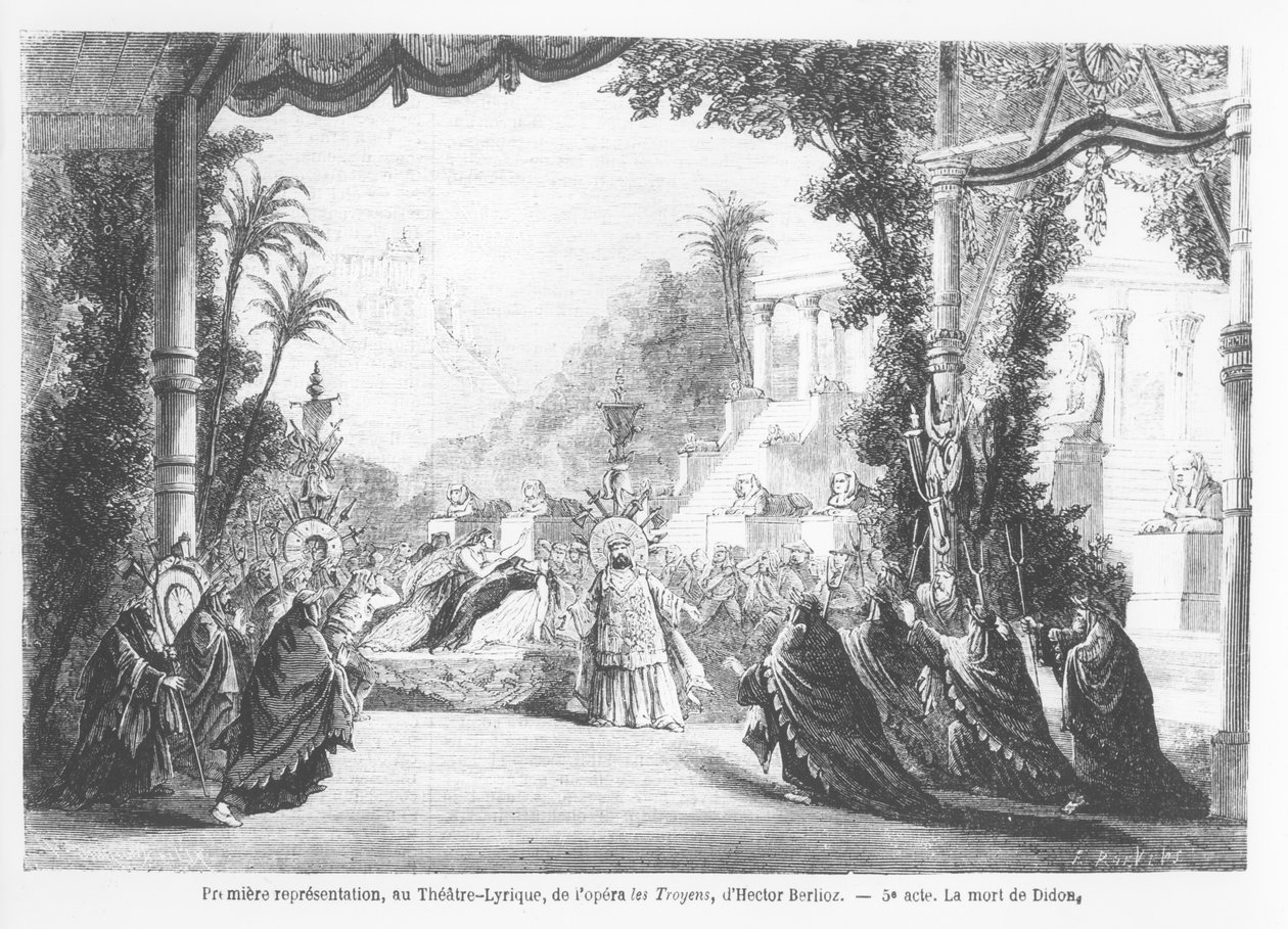 The Death of Dido, första föreställning av Les Troyens av Hector Berlioz (1803-69) på Theatre Lyrique, Paris, från Le Monde Illustre, 14 november 1863 av French School