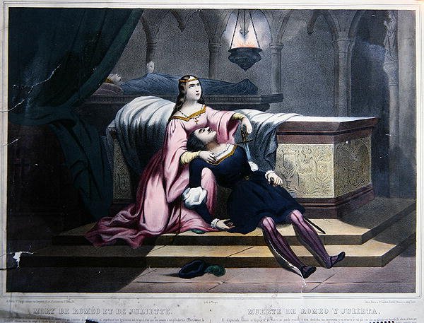 Romeo och Julias död, ca 1830 (färglitografi) av French School