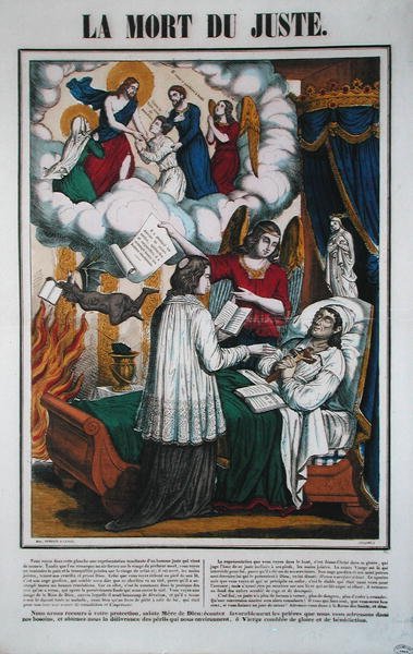 Den rättvisa mannens död och ängeln som tar honom till himlen, mitten av 1800-talet (färg litho) av French School