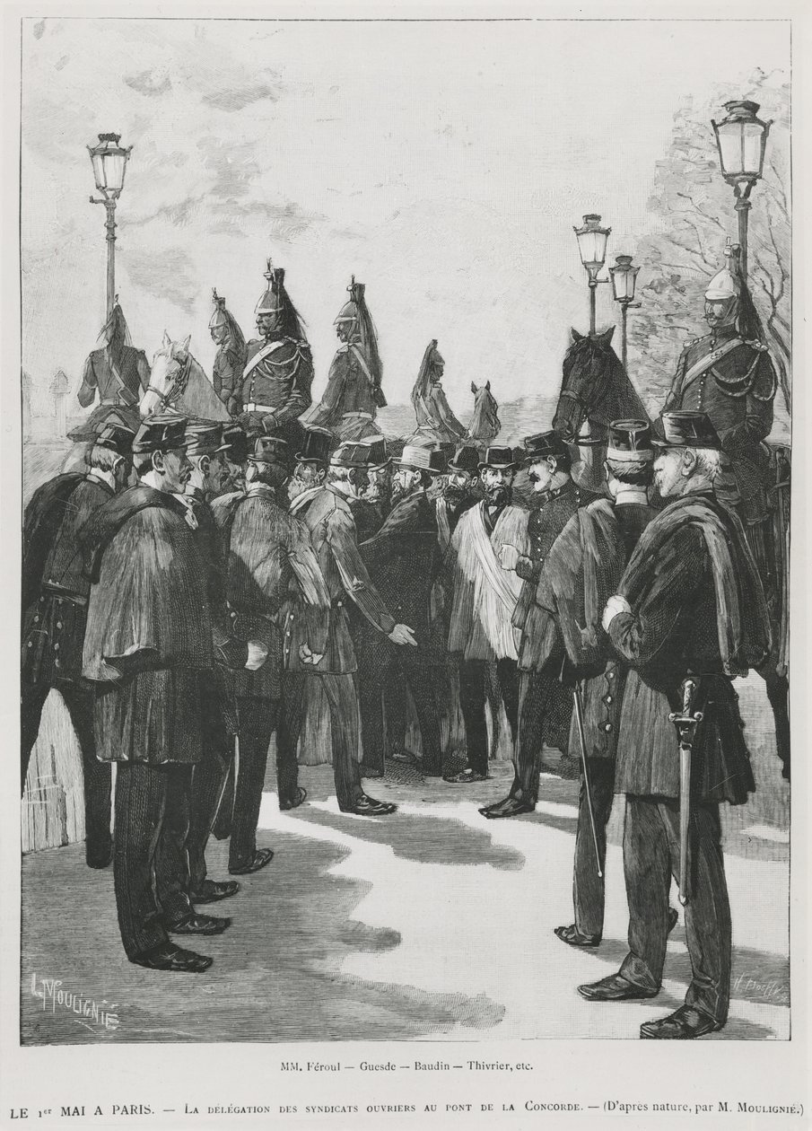 Fackföreningarnas delegation vid Pont de la Concorde under demonstrationen den 1 maj i Paris den 1 maj 1890, graverad av L. Moulignie, regravering) av French School
