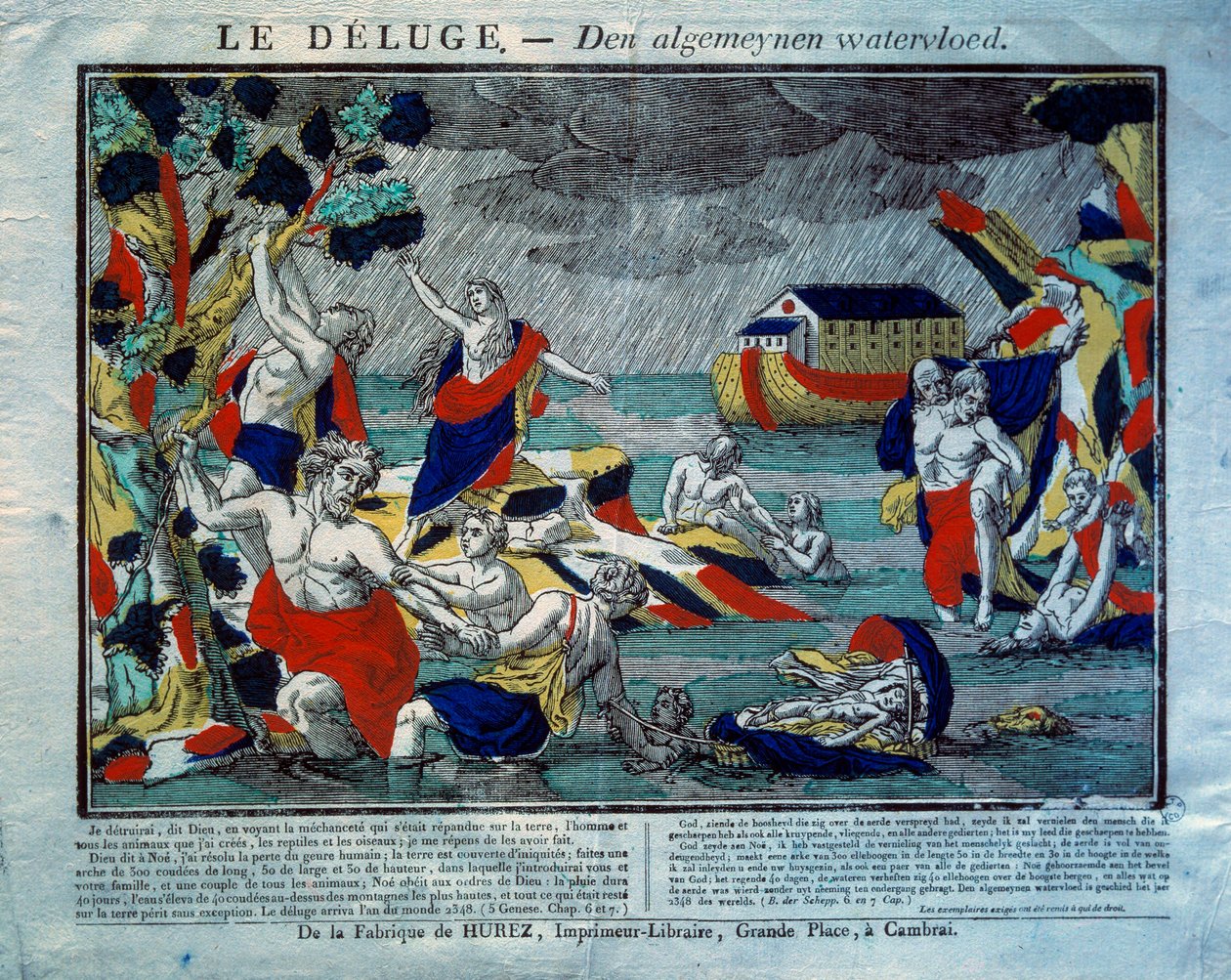 Syndfloden, Noes ark till höger Gravyr av 1800-talet. Paris, Museum of Popular Arts and Traditions av French School