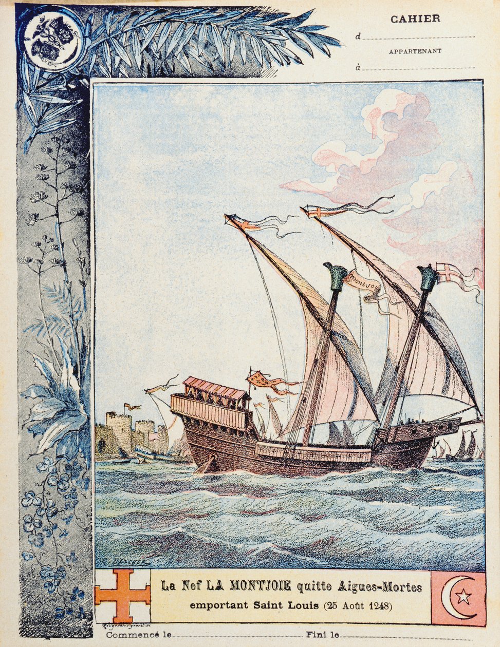 Saint Louis avgång i sitt skepp Montjoie från Aigues-Mortes den 25 augusti 1248, omslagsillustration av en skolskrivbok, ca 1900 av French School