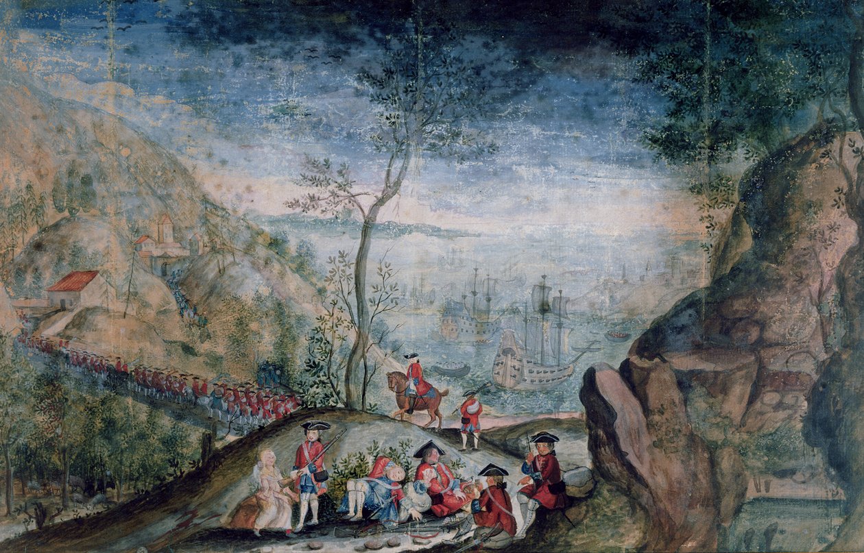 Landstigningen av 50 soldater från Karrer schweiziska regementet i Louisbourg på ön Cap-Breton mellan 1722-33 (wc på papper) av French School