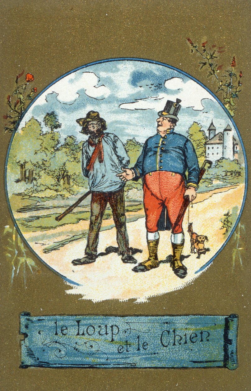Hunden och vargen, från Fables av Jean de La Fontaine (1621-95) av French School