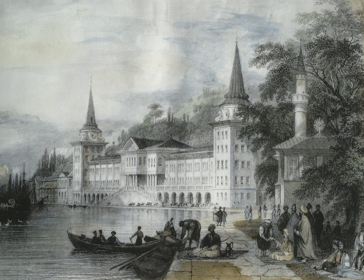 Dolmabahcepalatset vid Bosporen, 1840 (färggravyr) av French School