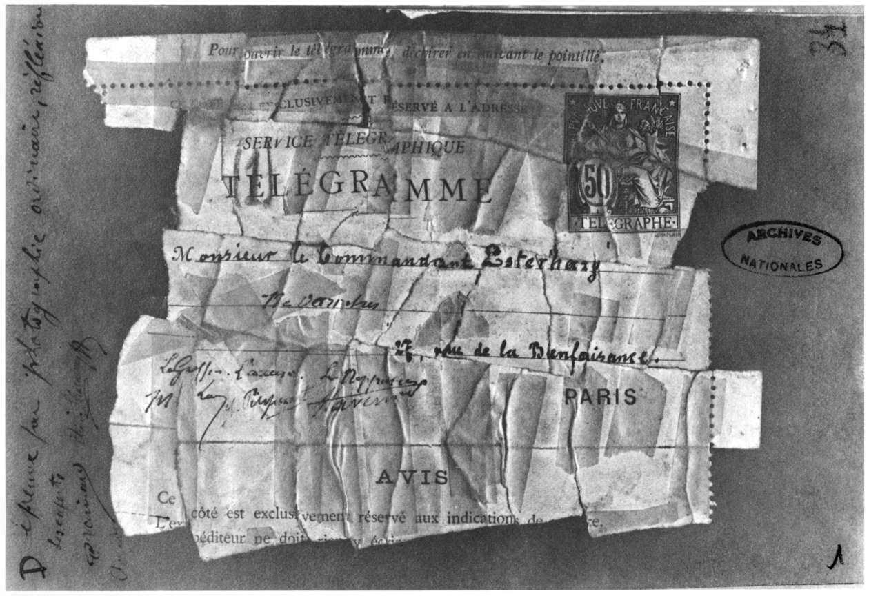 The Dreyfus Affair, 22 december 1894, telegram skickat till kommendant Esterhazy av French School