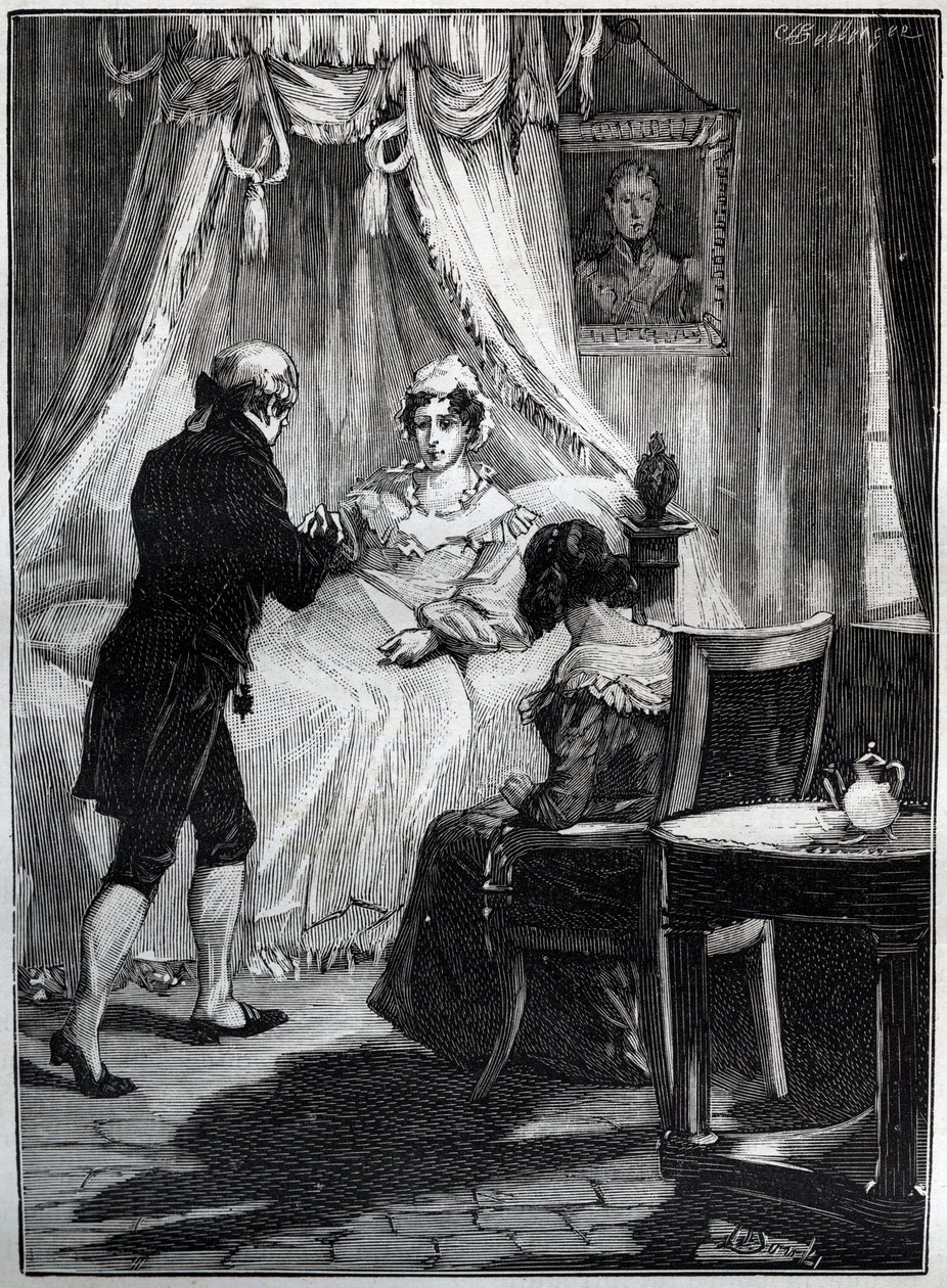 Hertiginnan av Berry (Marie Caroline, prinsessan av de två Sicilierna, hertiginnan av Berry (1798-1870) vid fästningen Blay tar emot doktor Louis Charles Deneux (1767-1846) - Gravyr - av French School