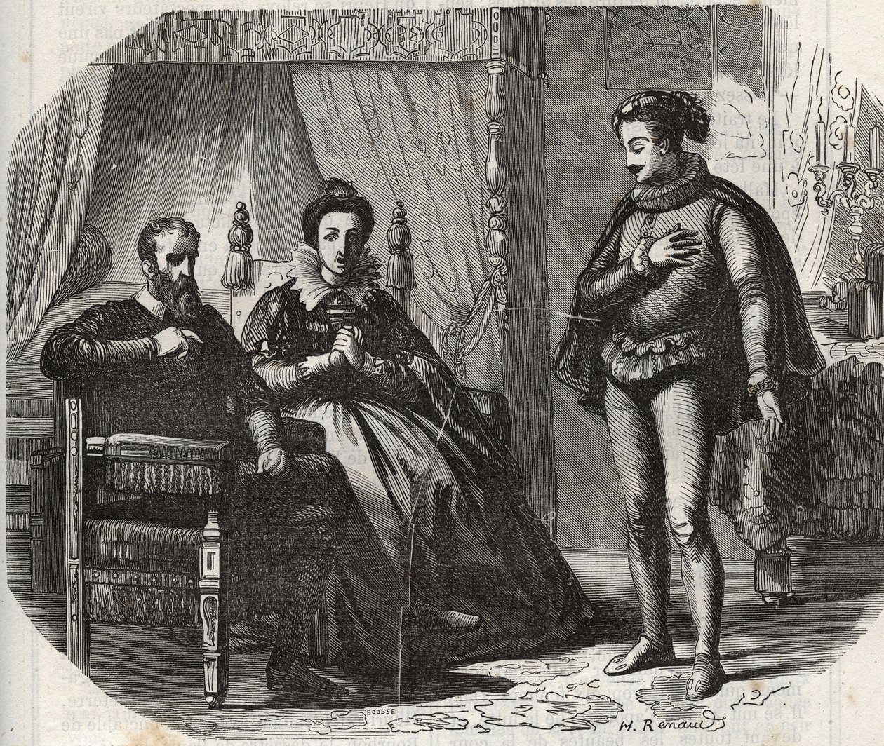 Hertiginnan av Cleves, Mary von Julich, hertiginnan av Juliers och Berg (1491-1543), får reda på upplösningen av äktenskapet mellan hennes dotter, Anne av Cleves (1515-1557), och kungen av England Henrik VIII (1491-1547) ) år 1540. Gravyr från 1871 i ”Hist av French School