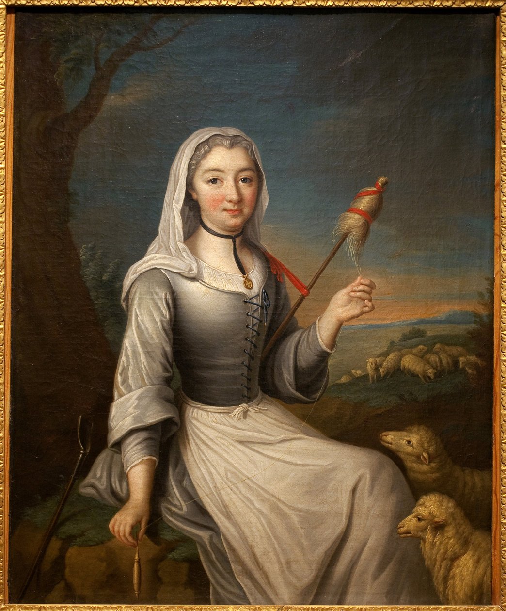 Hertiginnan av Villars (?) i en bergere med en starr. Fransk målning, olja på duk, 80 x 63,6 cm, 1700-talets första hälft. Musee de Tesse, Le Mans. av French School