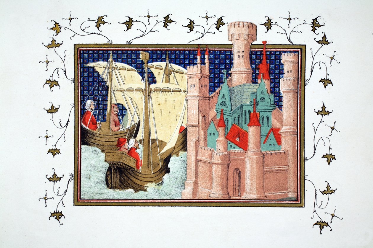 Hertigen av Salisbury anländer till Conway Castle från Irland, faksimilkopia från Le Prince et Mort du Roy Richart av Jean Creton, tryckt 1800-talet av French School