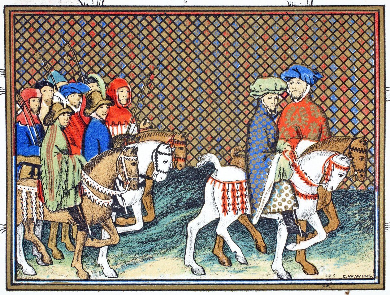Hertigarna av Exeter och Surrey skickade av Richard II från Conway castle till Chester för att behandla med hertigen av Lancaster, faksimilkopia från Le Prinse et Mort du Roy Richart av Jean Creton, omtryckt 19:e av French School