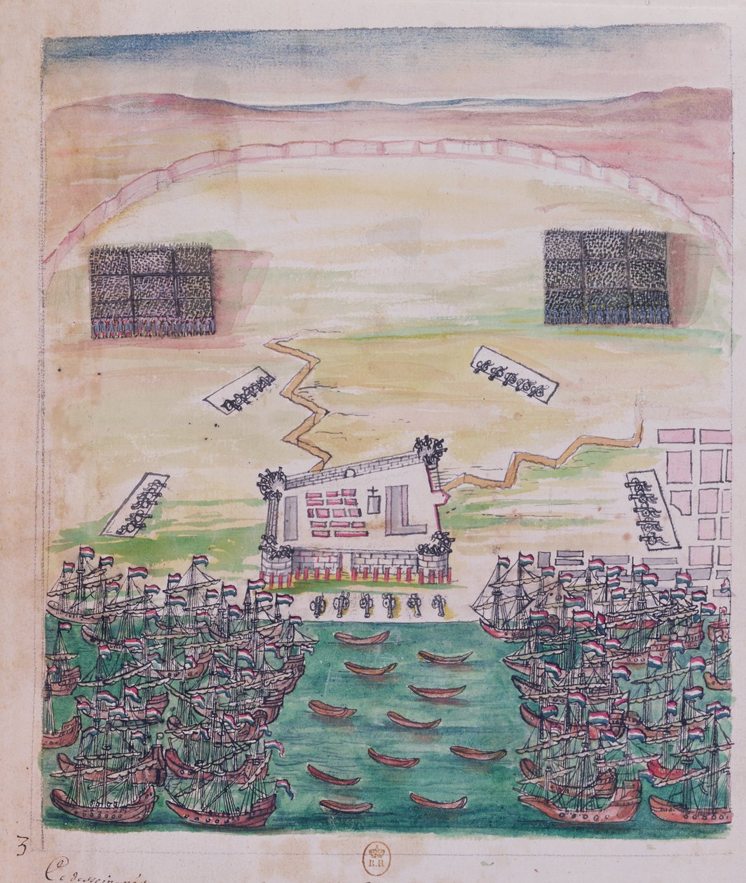 Den holländska belägringen av Pondicherry i augusti 1693, illustration från en jesuitmissionärs resedagbok (penna & bläck och wc på papper) av French School
