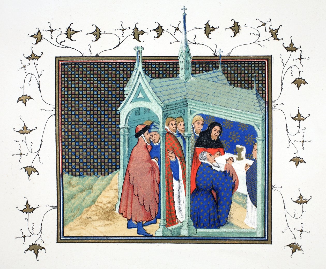 Jarlen av Northumberland vid högmässa i kapellet på Conway Castle avlägger sin förrädiska och ödesdigra ed, faksimilkopia från Le Prinse et Mort du Roy Richart av Jean Creton, omtryckt 1800-talet av French School