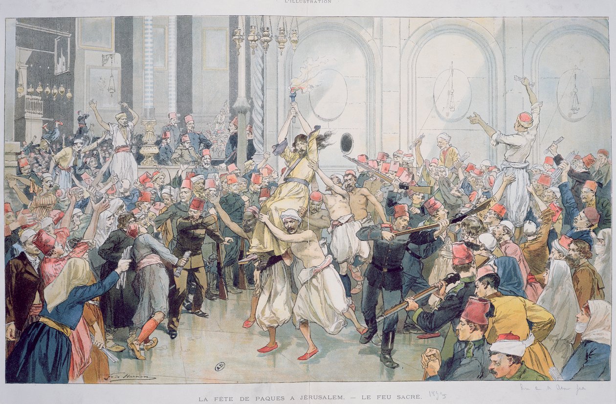 Påskprocessionen av den heliga elden i Jerusalem, 1895 av French School