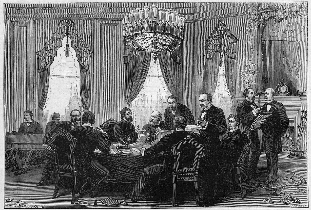 Östkriget (1875-1878) även kallat det rysk-turkiska kriget (ryska-turkiska): diplomater träffades vid plenarkonferensen i Konstantinopel vid Admirautens palats den 23 december av French School