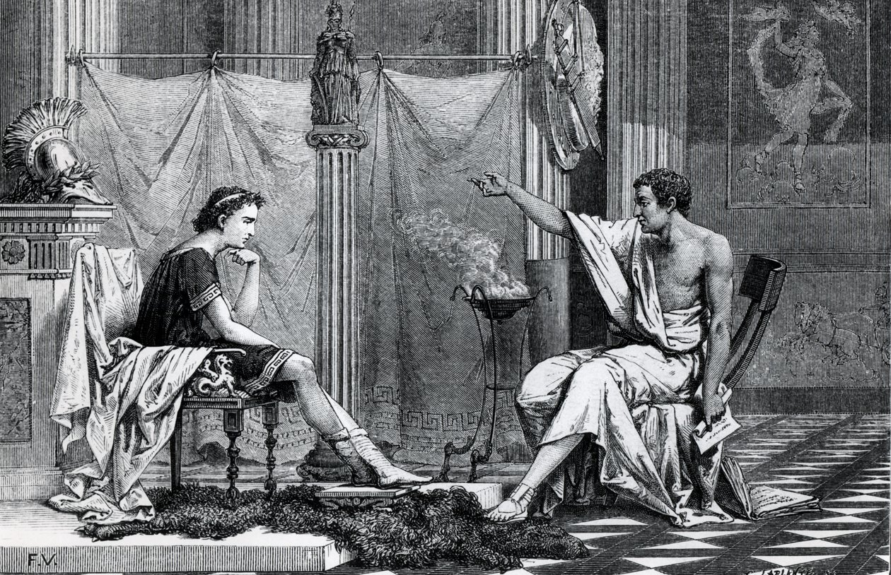 The Education of Alexander the Great (356-323 BC) av Aristoteles (384-322 BC) från en bok av L. Figuier av French School