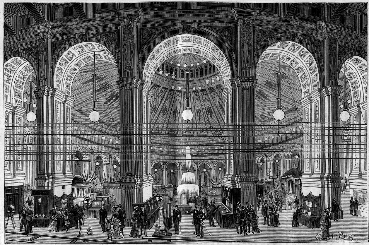 Electricite Exhibition i Wien (Österrike), en översikt över den stora rotundan upplyst av elektriskt ljus. Gravyr i "" Nature. Granskning av vetenskap och dess tillämpningar på konst och industri. 1884. av French School