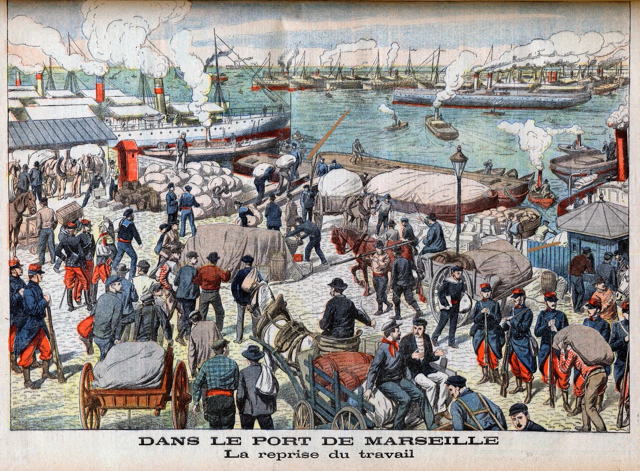 Slutet på strejken i Marseille, illustration från "Le petit Journal", 23 oktober 1904 - I MARSEILLES HAMN - Återgången till arbetet - Efter för långa arbetslösa dagar har Marseilles hamn äntligen återupptagit all sin verksamhet av French School