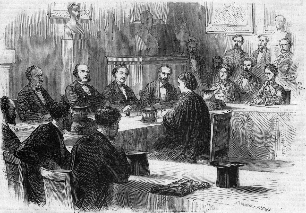 Engelskan Elizabeth Garrett Anderson (1836-1917) presenterade henne dessa inför juryn vid den medicinska fakulteten i Paris 1870. Hon blev den första kvinnliga läkaren. Gravyr av Godefroy Durand i "" The Illustrous World"" nr 689 den 25 juni av French School
