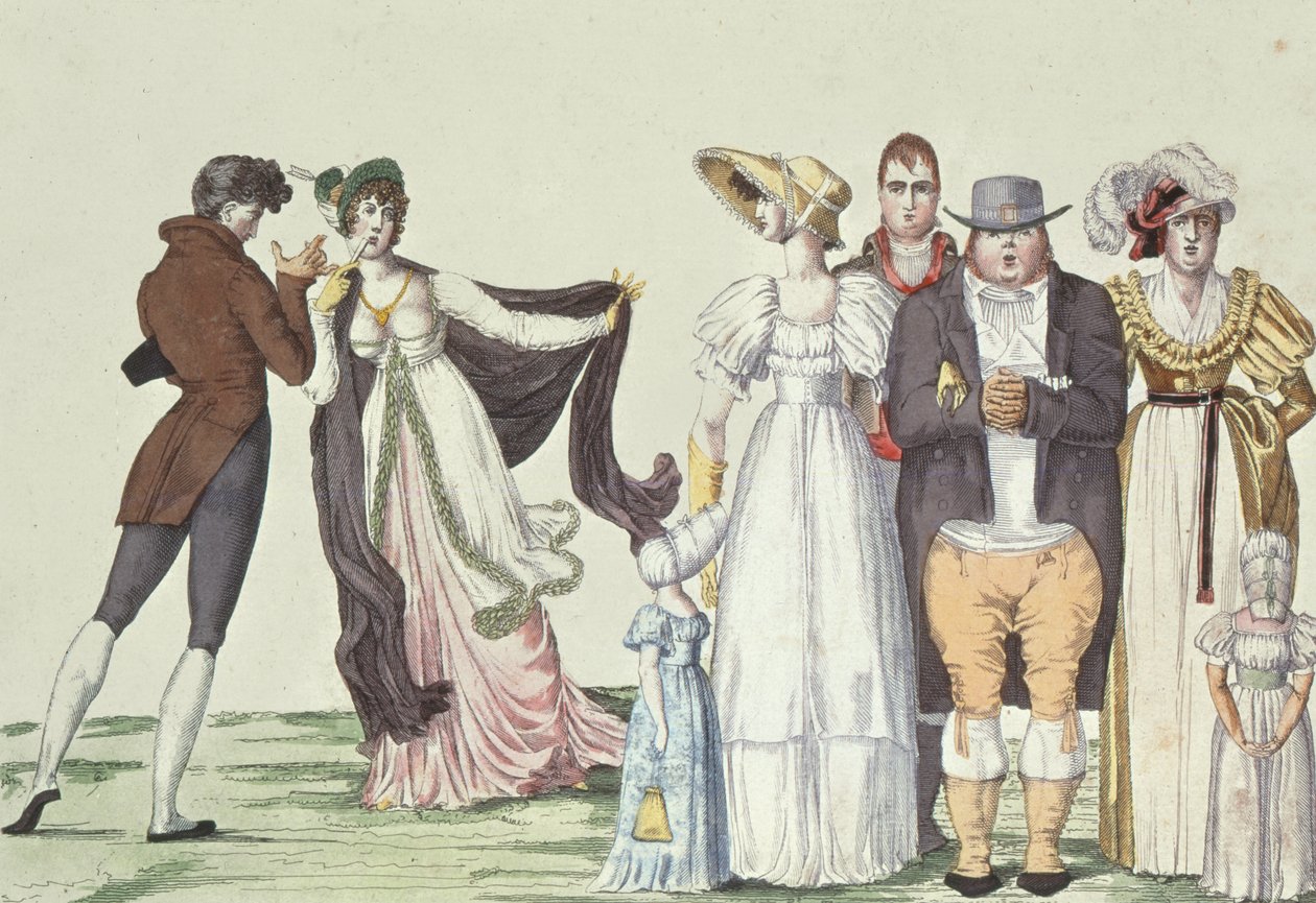 Den engelska familjen i Paris, illustration från Le Supreme Bon Ton, c.1815 av French School