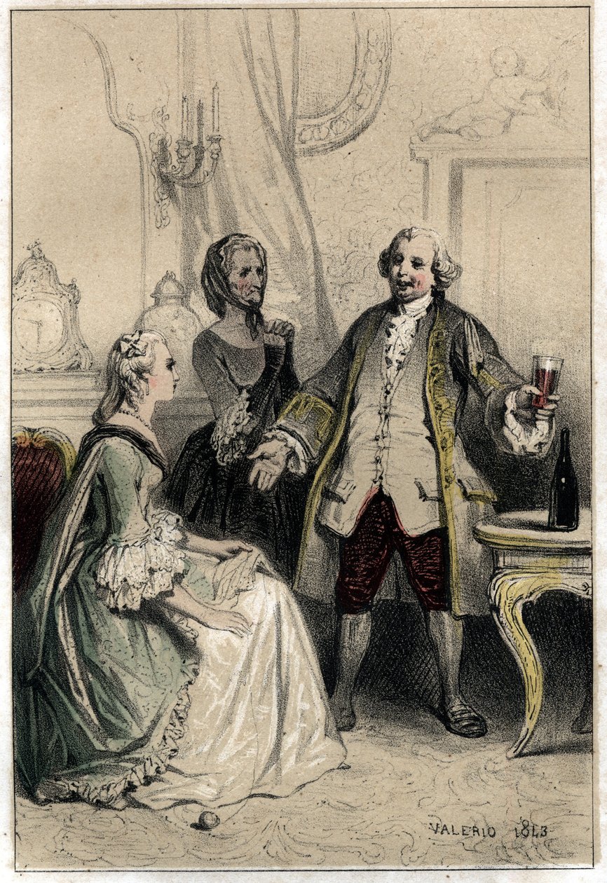 Den engelske komikern David Garrick (1717-1779), förklädd till tränare, brast in i en hertiginna som var ivrig efter honom för att försöka resonera henne och övertyga henne om det absurda i hennes kärlek till honom. Plate hämtad från "Scenes de la vie des  av French School