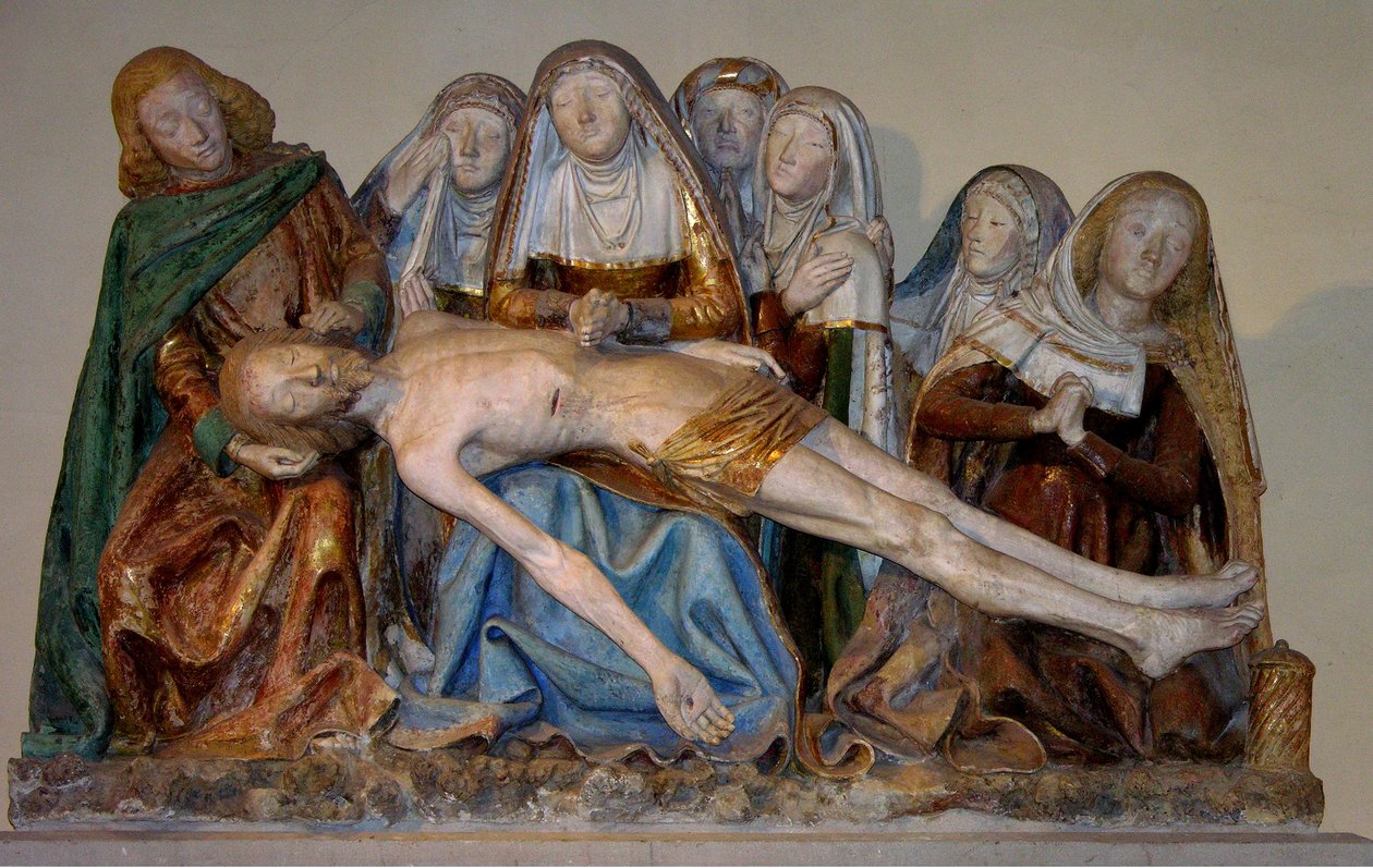 Gravläggningen, 1490 (målad sten) (detalj) av French School