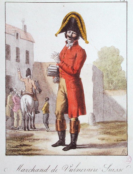 The Faltrank Seller, ca 1830-40 (färgad gravyr) av French School