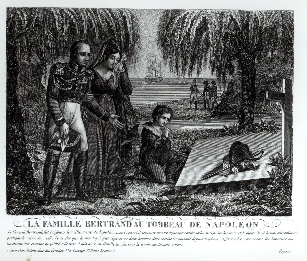 General Henri-Gratien Bertrands (1773-1844) familj vid Napoleon Bonapartes grav (1769-1821) 1821 (litho) (bw foto) av French School