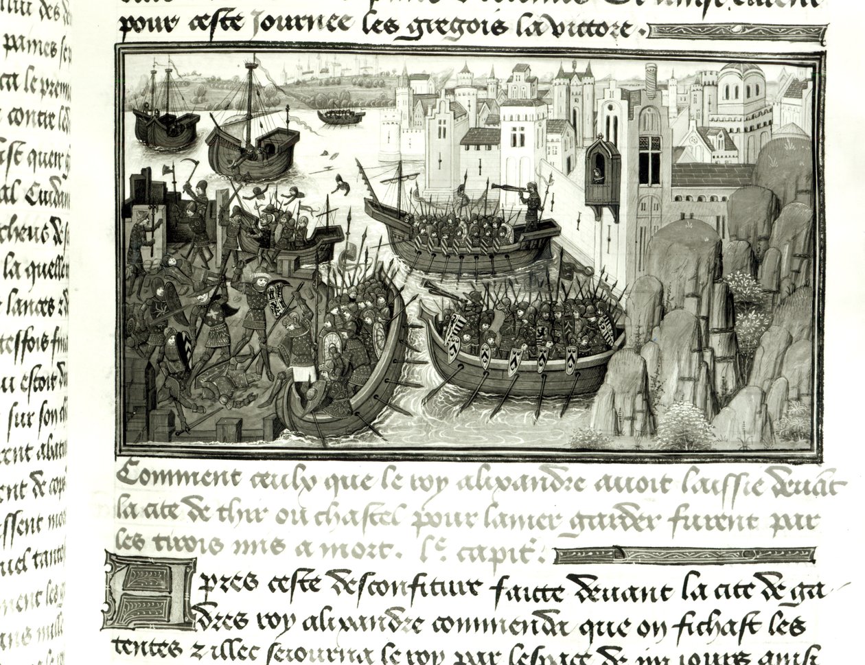 The First Attack on Tyre, från Histoire du Grand Alexandre 1460 av French School