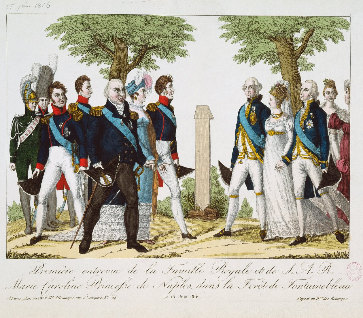 Det första mötet mellan Ludvig XVIII (1755-1824) och Marie-Caroline-Ferdinande (1798-1870) av Bourbon, vid Croix de St. Herem i Fontainebleau-skogen, 15 juni 1816, 1816-30 (färgad engr. av French School