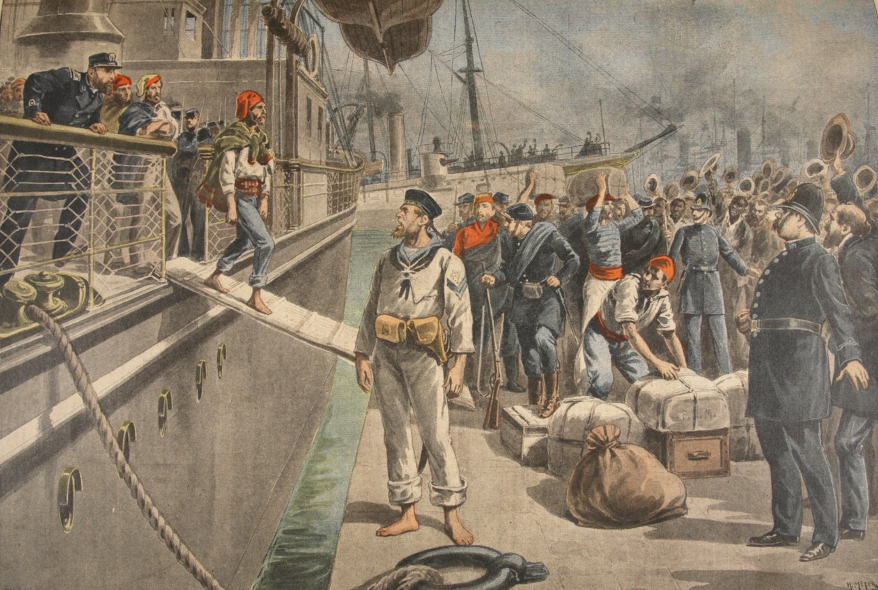 The First Prisoners at Key West under the Spanish American War, illustration från Le Petit Journal: Supplement illustre, 8 maj 1898 av French School