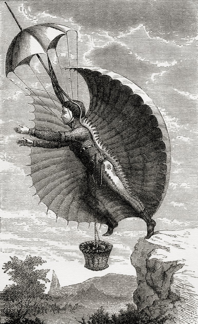 The Flying Man, graverad efter Nicolas Edme Restif de la Bretonne, från "Wonderful Balloon Ascents or the Conquest of the Skies", av Fulgence Marion, publicerad ca 1870 av French School