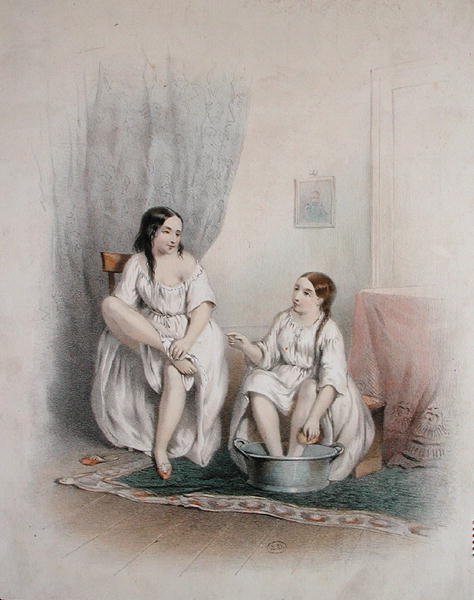 Fotbadet, mitten av artonhundratalet (färg litho) av French School