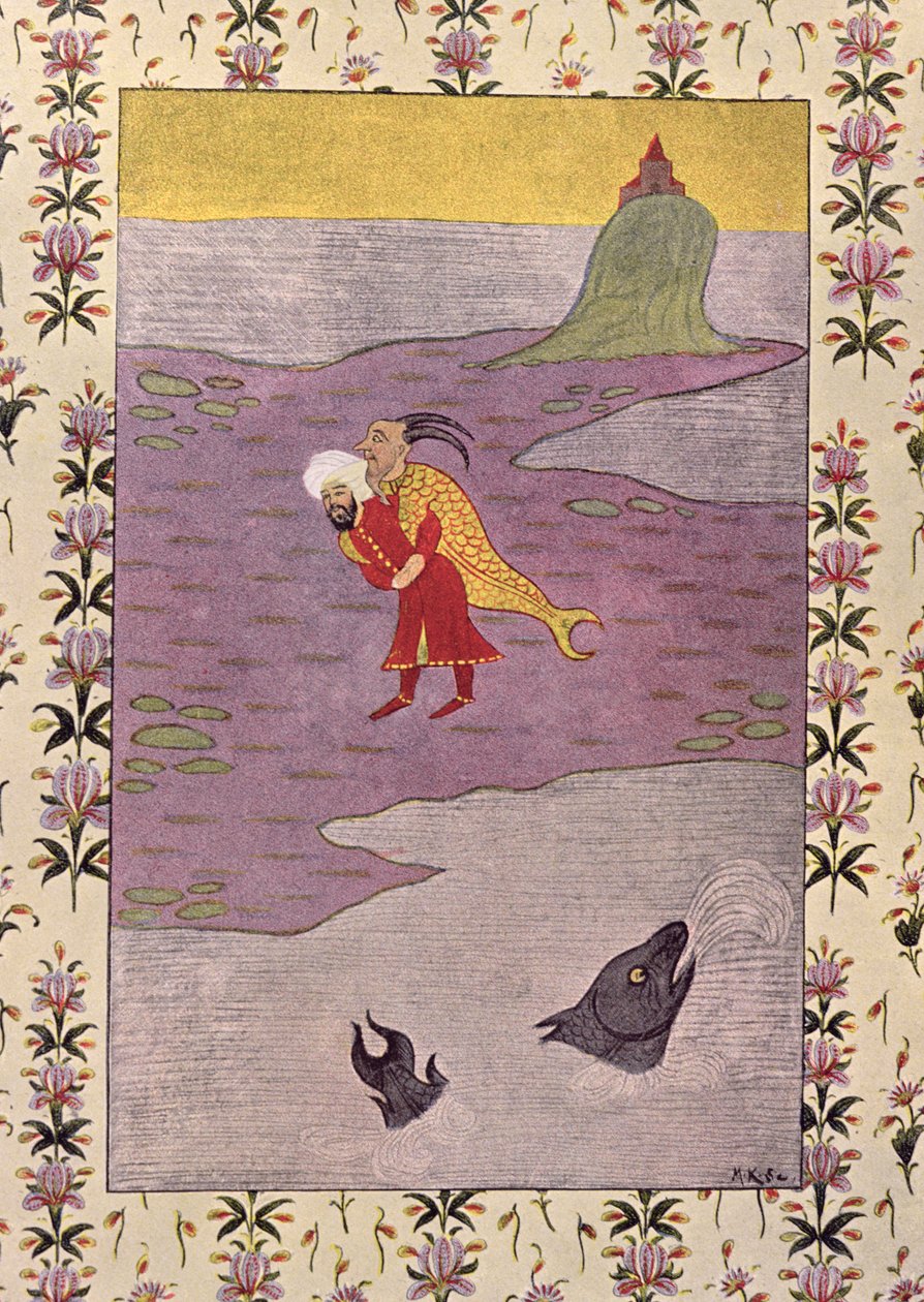 Sinbads fjärde resa, illustration för sjömannen Sinbad, från The Arabian Nights, 1895 (färggravyr) av French School