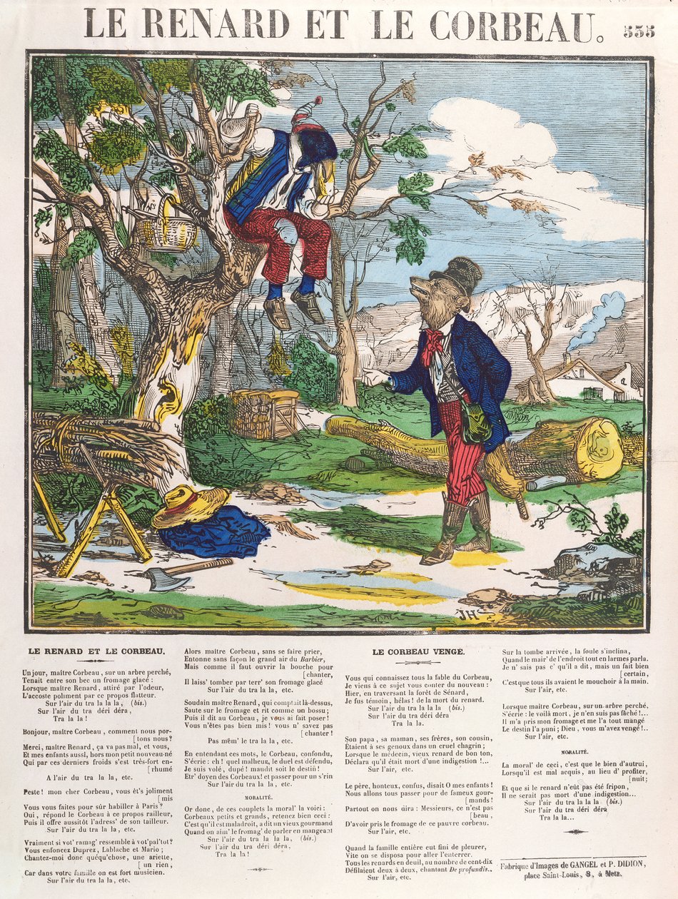 Räven och kråkan, c.1840 (färgad gravyr) av French School