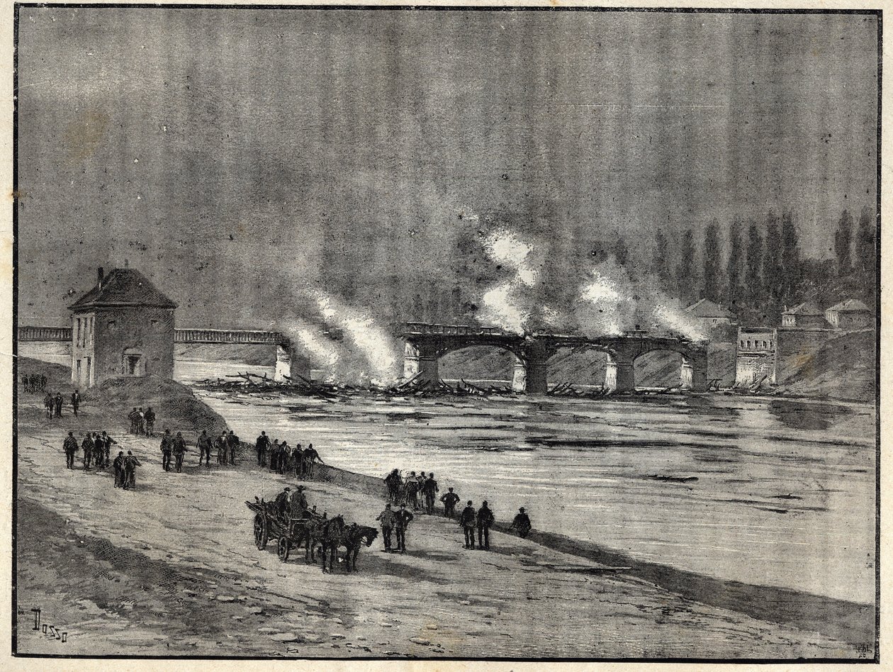 Det fransk-preussiska kriget - Försvaret av Paris-bränning av bron i Asnieres - Brand av bron i Asnieres under belägringen (försvaret) av Paris Gravyr i "" Les combatants de 1870-71"" av befälhavare Leonce Rousset (1850- 1938) - Franco Preussian War - ( av French School