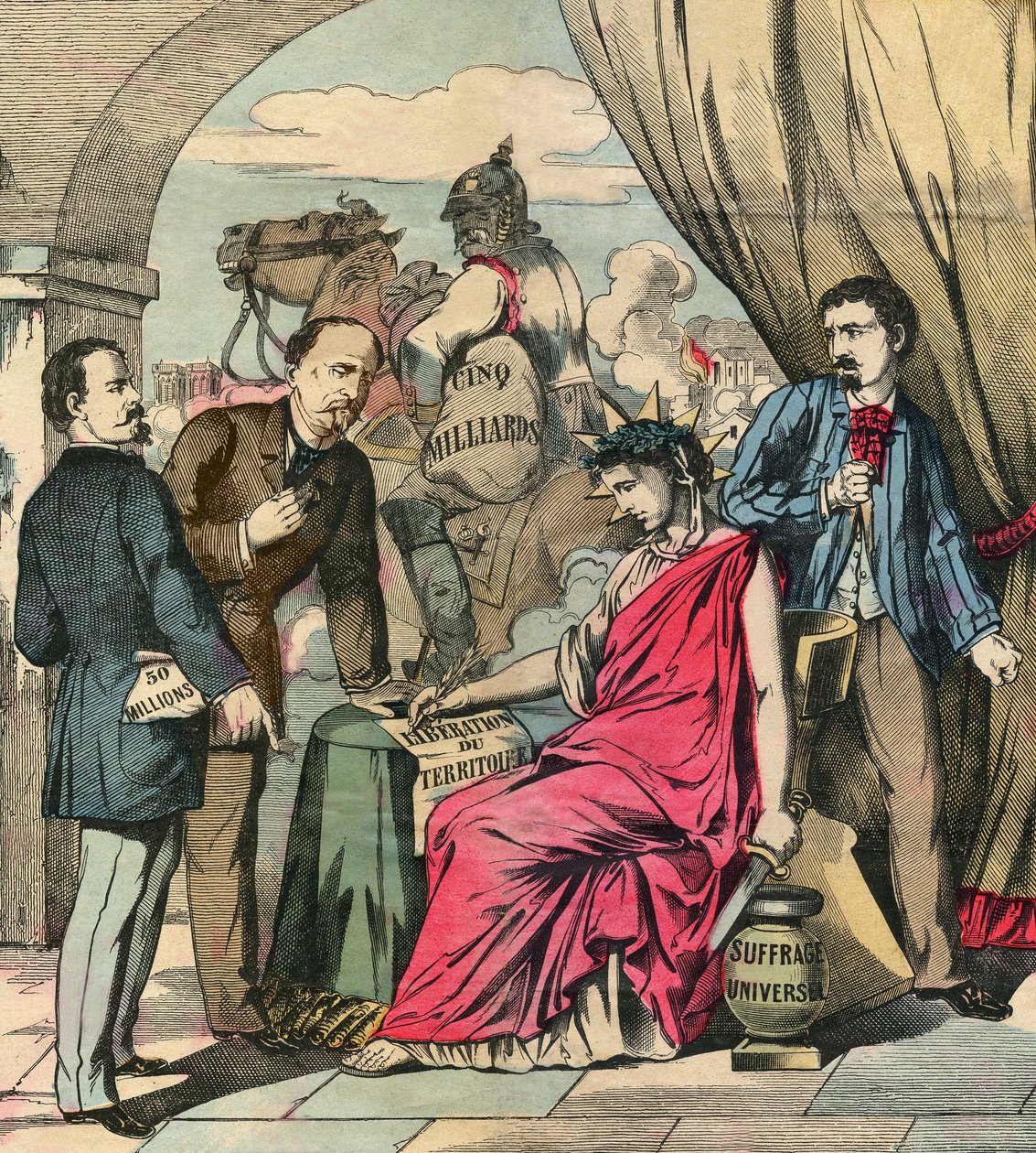 Frankfurtfördraget som undertecknades den 10 maj 1871 avslutade det fransk-tyska kriget, efter förhandlingar mellan Adolphe Thiers och Otto von Bismarck: Frankrike fick avstå från Alsace och en del av Lorraine och betala 5 miljarder franc. Gravyr, i "Le Fi av French School