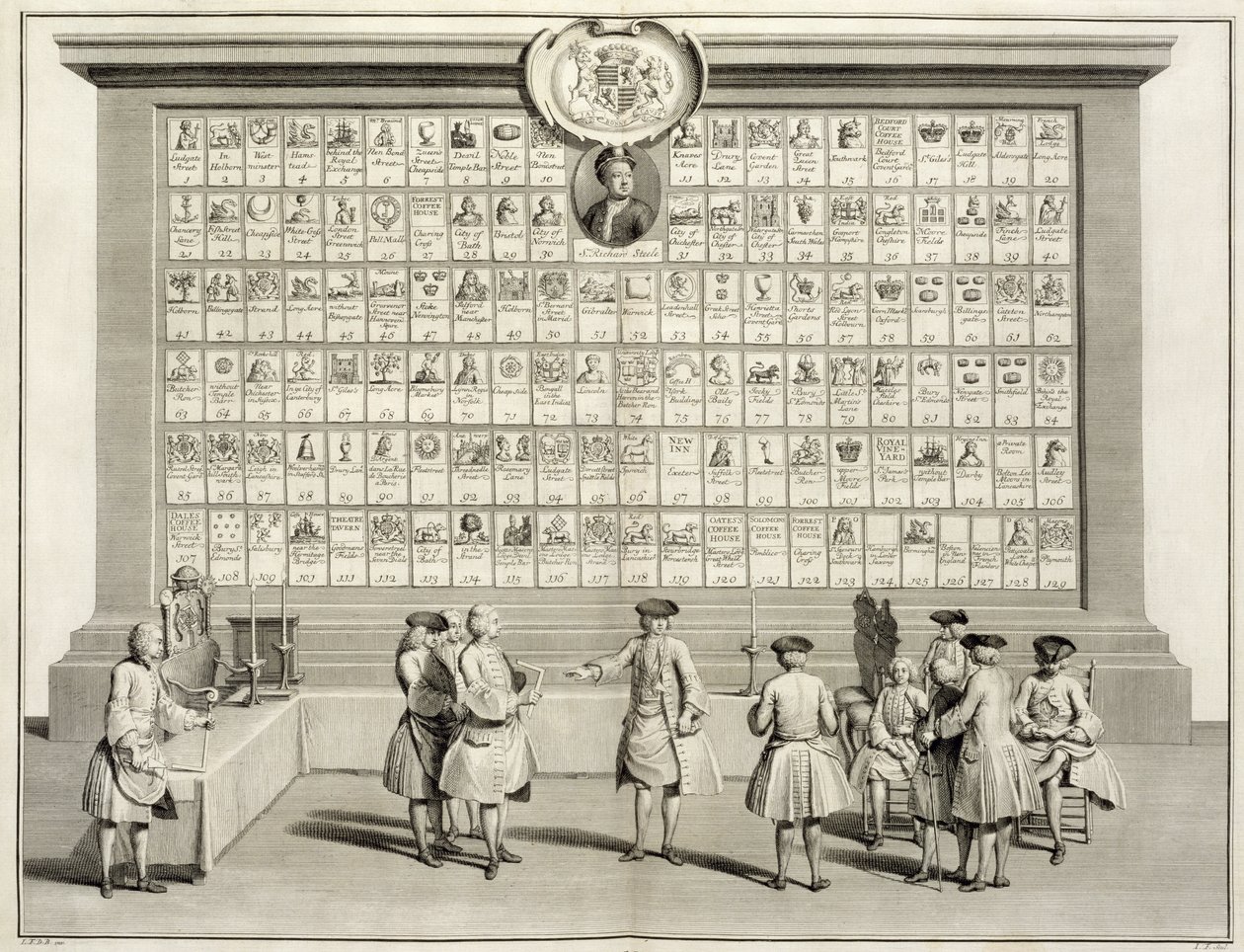 Frimurarna, med skyltar för de olika logerna, från The Ceremonies of Religion and Custom, c.1733 av French School
