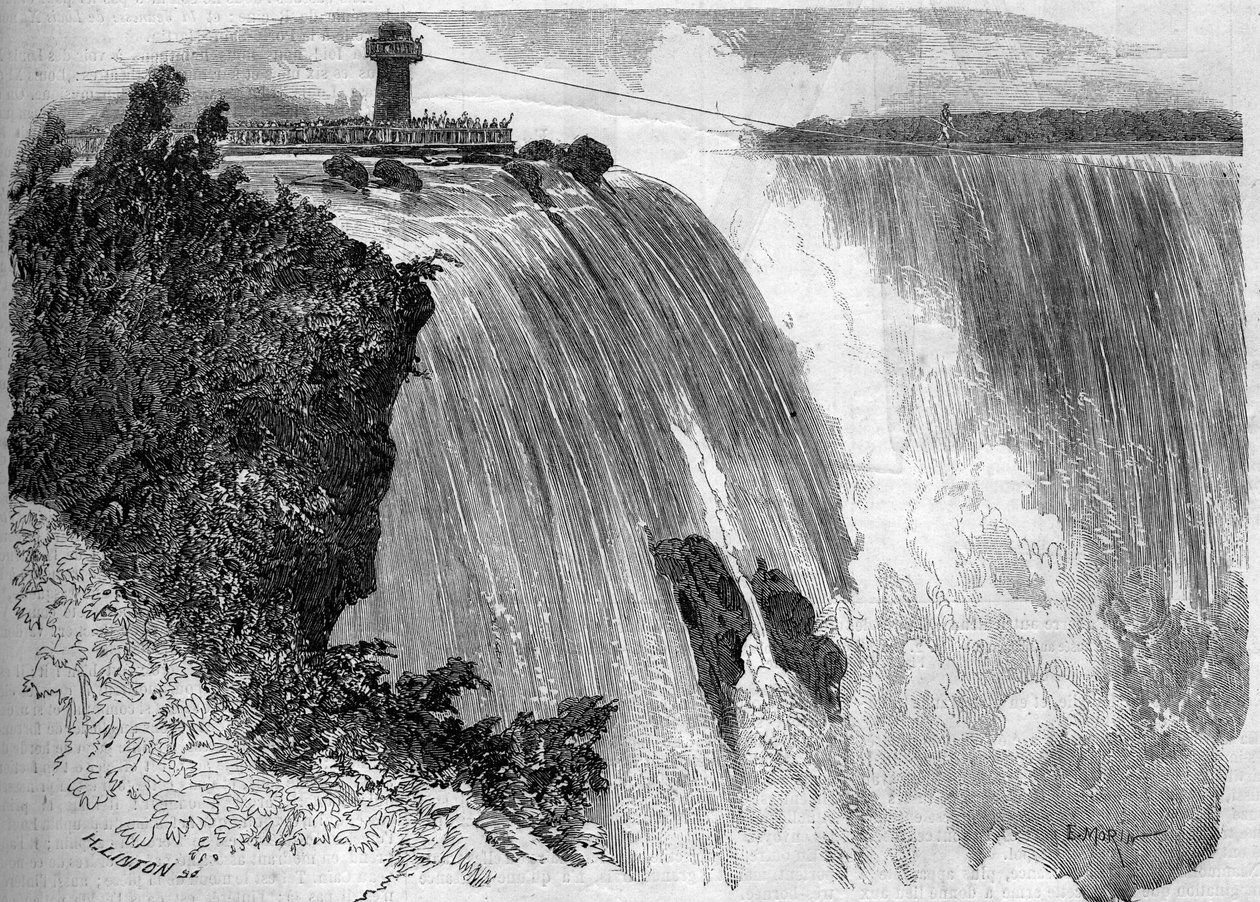 Den franska akrobaten Blondin (Jean Francois Gravelet, dit) (1824-1897) korsar Niagarafallen. Från en skiss av Mr. Philibert. Gravyr i "" Le Monde Illustré"" nr 127 av 17 september 1859. av French School