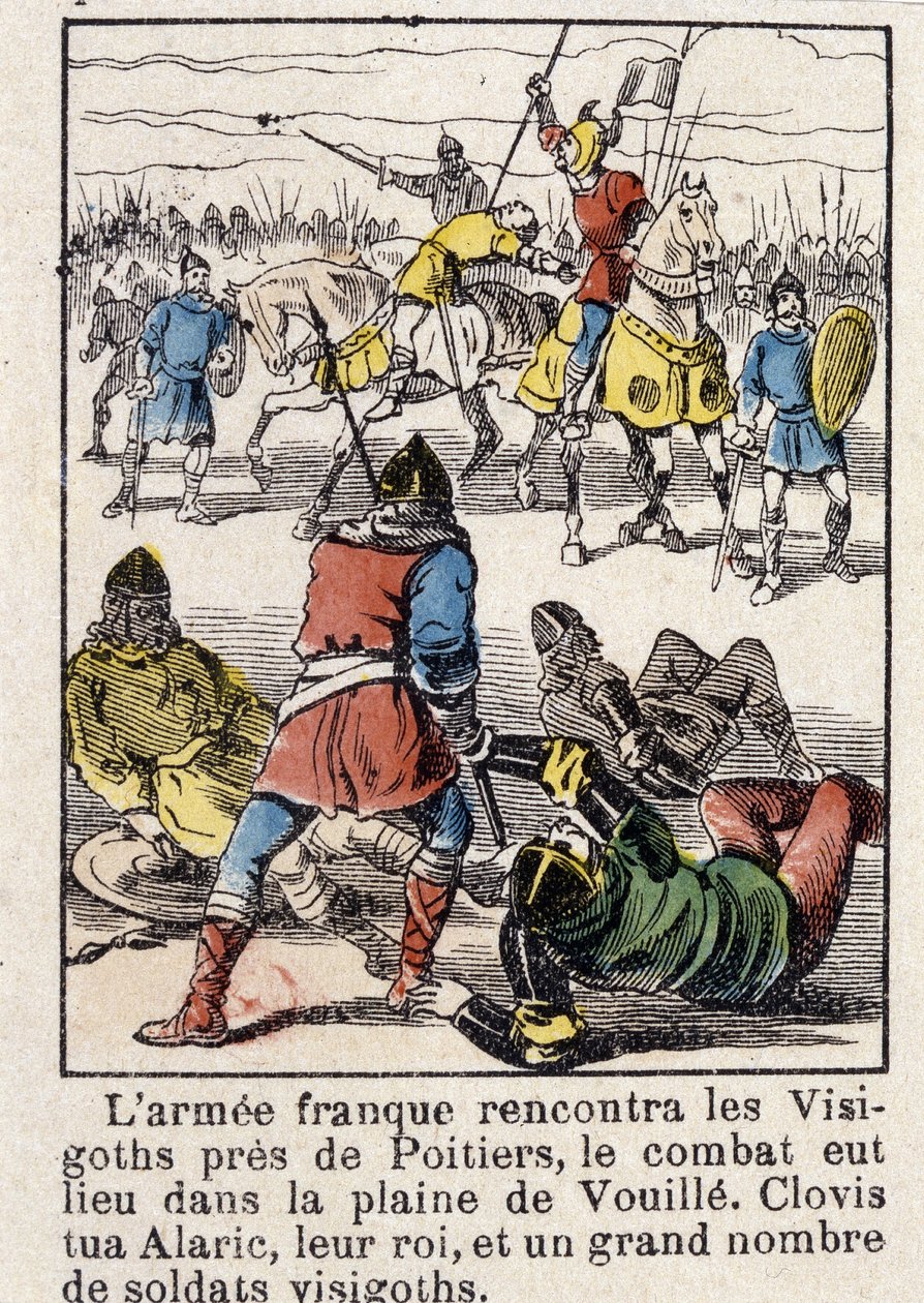 Den franska armén mötte visigoterna nära Poitiers, striden ägde rum på slätten Vouille. Clovis dödade Alarik, deras kung, och ett stort antal västgotiska soldater, år 507. av French School