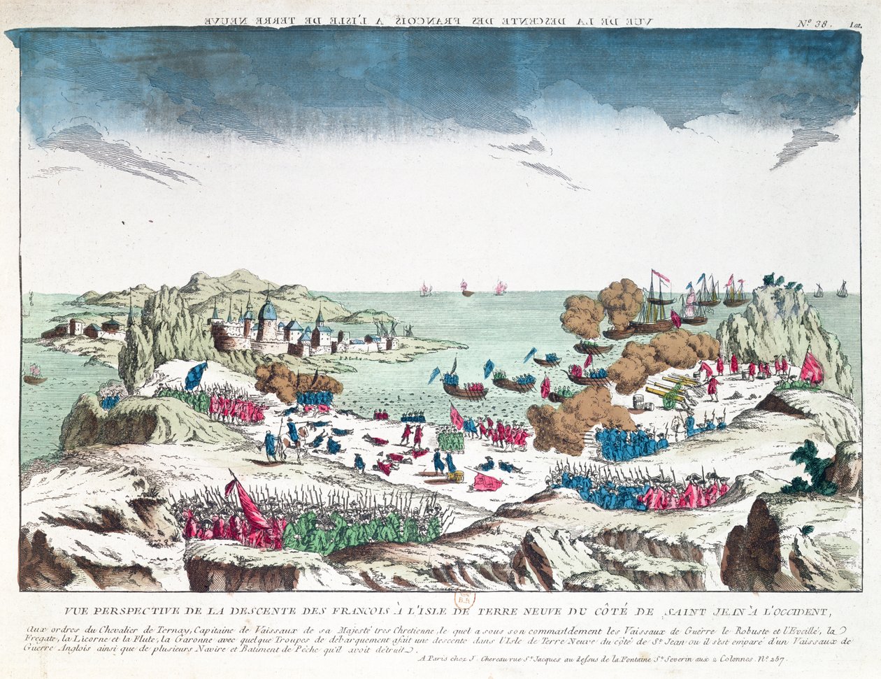 Franska räden mot St. John i Newfoundland den 2 juni 1762 under befäl av Chevalier du Ternay (1722-80), slutet av 1700-talet av French School