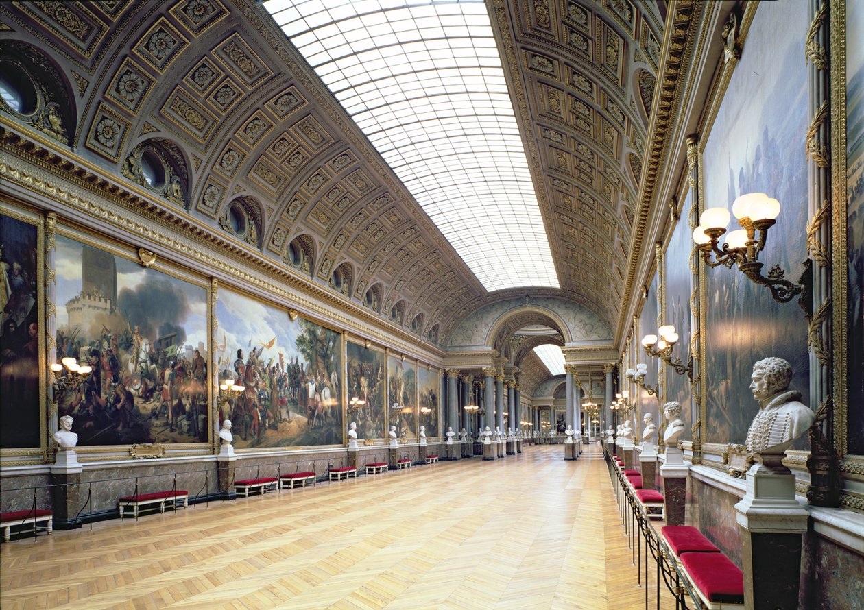 Galerie des Batailles (Battle Gallery) dekorerad med 33 målningar som illustrerar de största franska militära segrarna, färdigställda 1837 av French School