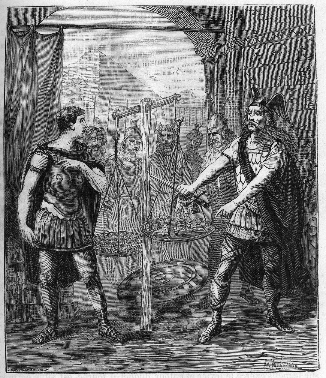Den galliska arméledaren Brennos (Brennus) besegrar romarna och proklamerar "" Vae Victis"" (Ve de besegrade), gallerna krävde lösen efter deras erövring av Rom - Brennus ledare för den galliska stammen Senons uttalar den ödesdigra Vae offer av French School