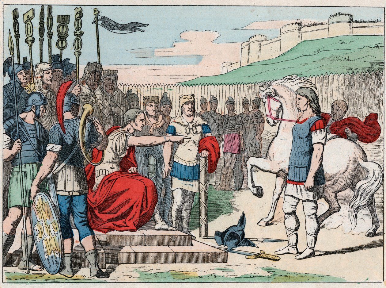 Den galliske kocken Vercingetorix (80-46 f.Kr.) åker till Jules Cesar (100-44 f.Kr.) till Alesia 52 f.Kr. - Vercingetorix (72-46 f.Kr.) gallisk ledare, kapitulerande till Caesar i Alesia (Frankrike) - Gravering av slutet av 1800-talet i "" Nos Gires Nation av French School